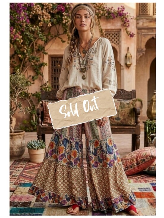 POL Pants - POL Boho Wide-Leg Palazzo Patchwork Pants - Beige, Green & Multicolor